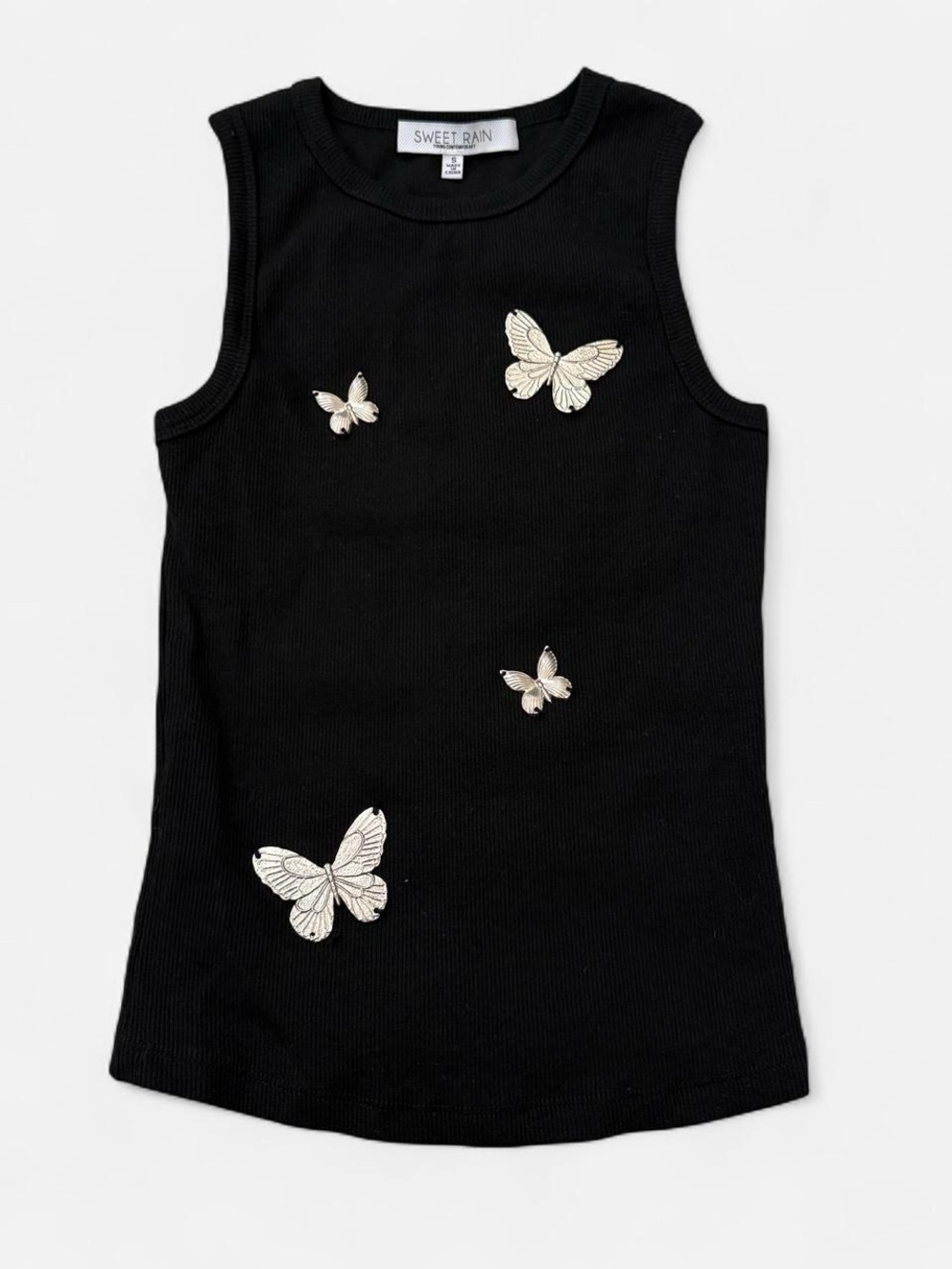 Sweet Rain Black Ribbed Tank with Silver Butterfly Accents